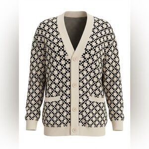 Sandro M’en’s Square Cross Jacquard Elegant Black and Tan Cardigan-Medium
